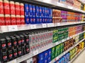 Klang, Malaysia - 10 July 2020 :ÃÂ Assorted a cans of carbonated soft drinks display for sell in the supermarket shelves.